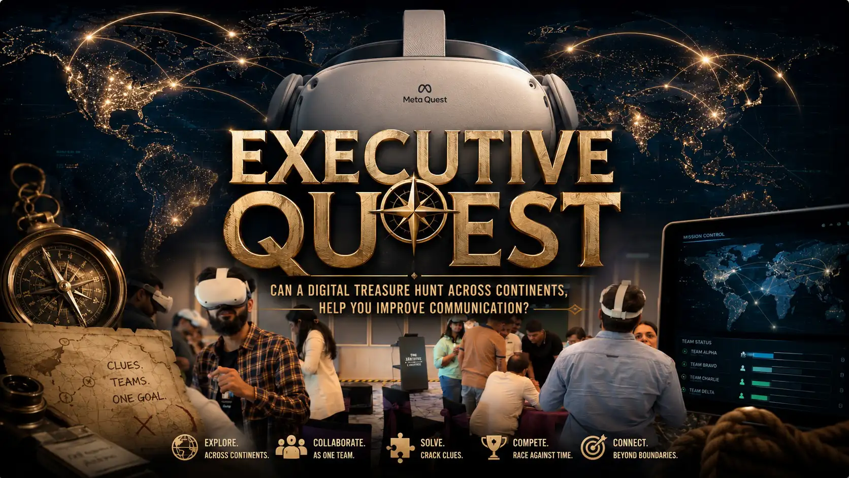 Executives using VR headsets in team building activity