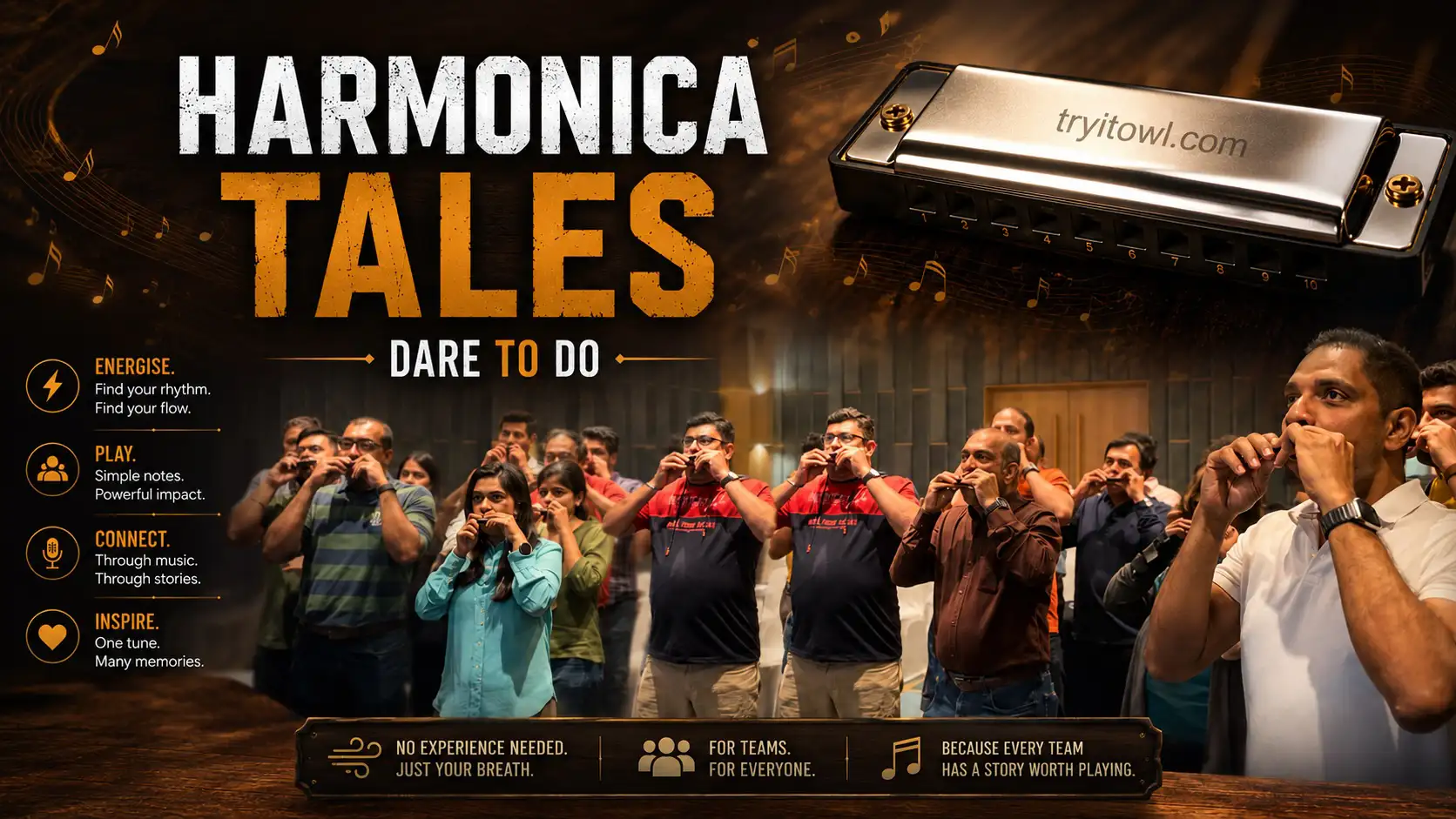 Team creating music together with harmonicas